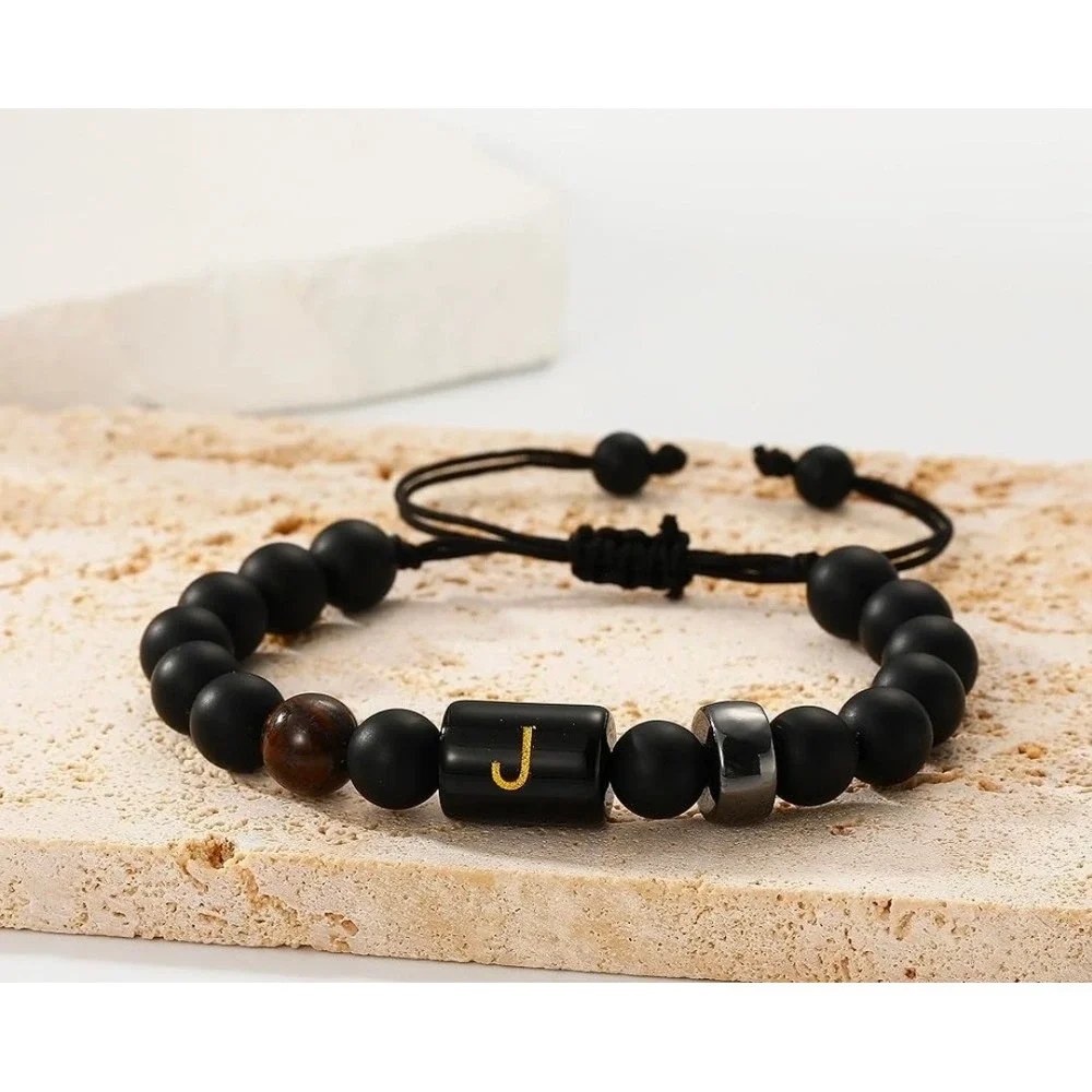 Mens Black Agate Tiger Eye Beaded Bracelet‎ Letter J Initial Adjustable